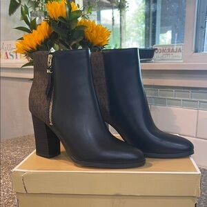 Michael Kors Black and Brown Signature Women's Britt Heeled Ankle Boots